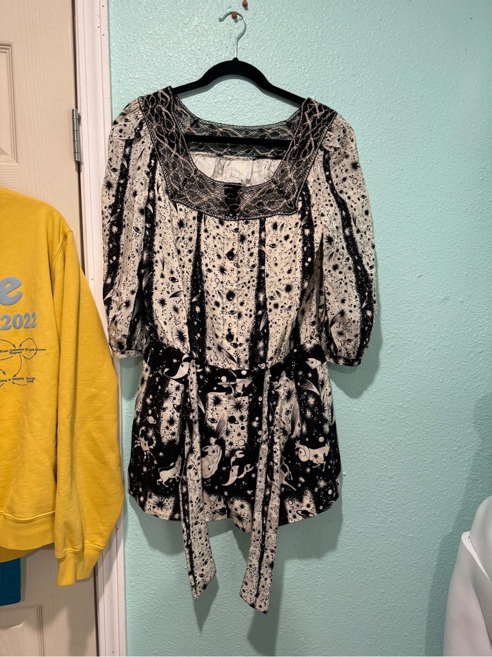 Anna Sui Black and White Printed Romper with Embroidered Yoke
